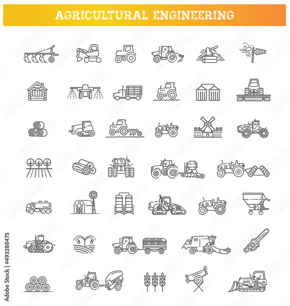 Agricultural and farming machines vector icons set Agricultural and farming machines vector icons set