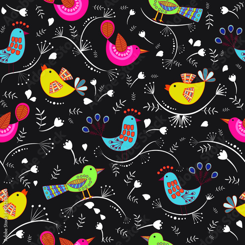 Seamless colorful floral pattern with birds on the dark background