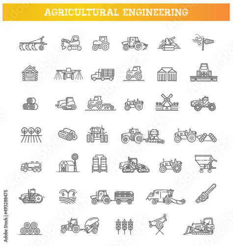Agricultural and farming machines vector icons set