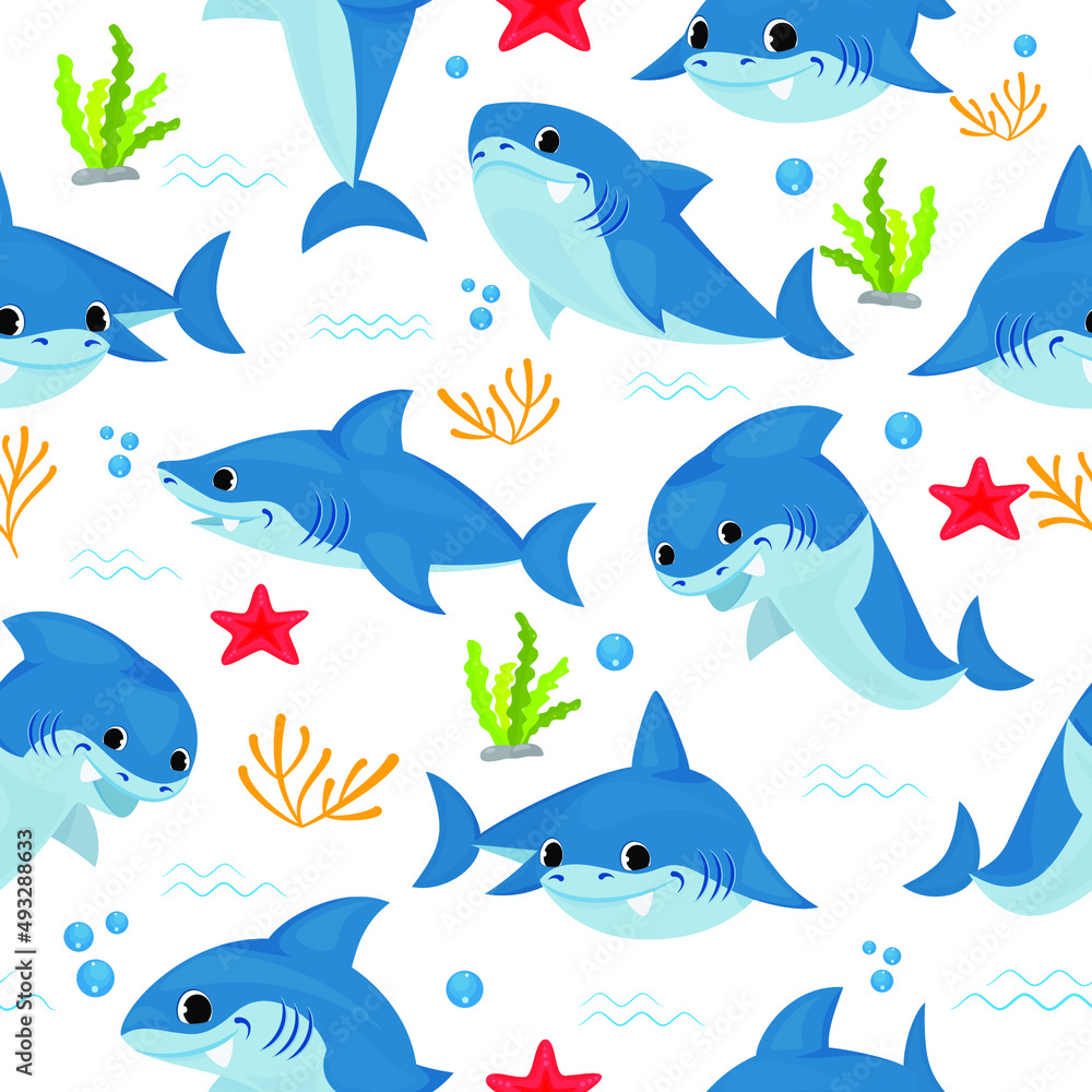 Vector seamless underwater pattern with cute cartoon sharks Vector seamless underwater pattern with cute cartoon sharks