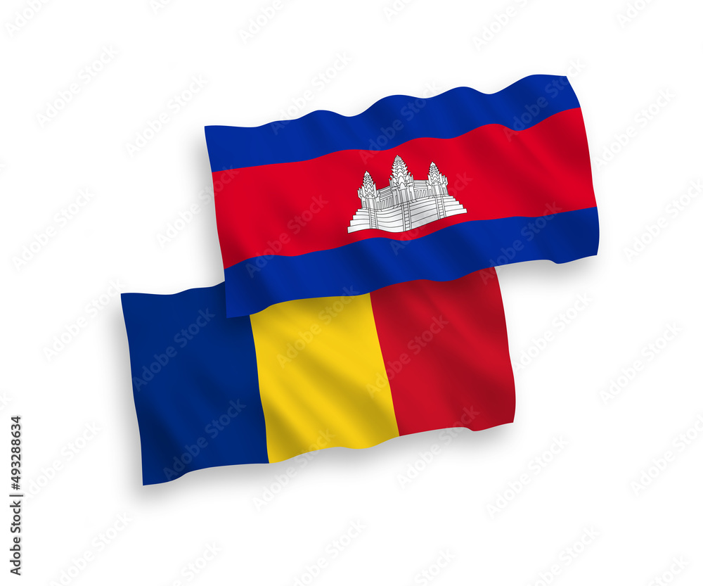 Flags of Romania and Kingdom of Cambodia on a white background Flags of Romania and Kingdom of Cambodia on a white background