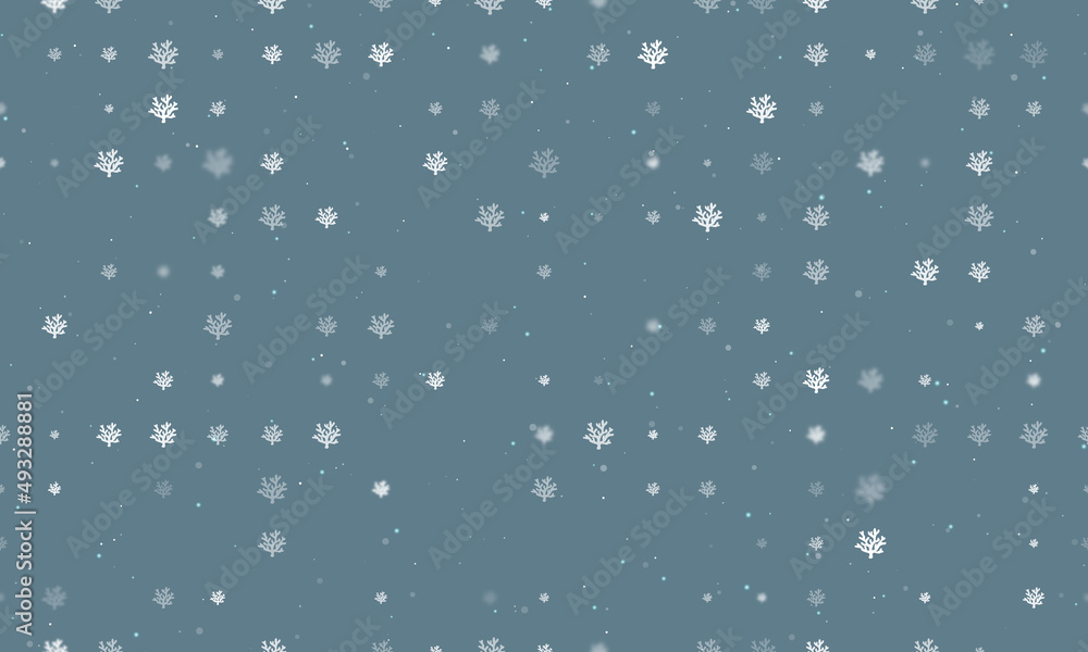 Seamless background pattern of evenly spaced white coral symbols of different sizes and opacity. Vector illustration on blue gray background with stars Seamless background pattern of evenly spaced white coral symbols of different sizes and opacity. Vector illustration on blue gray background with stars