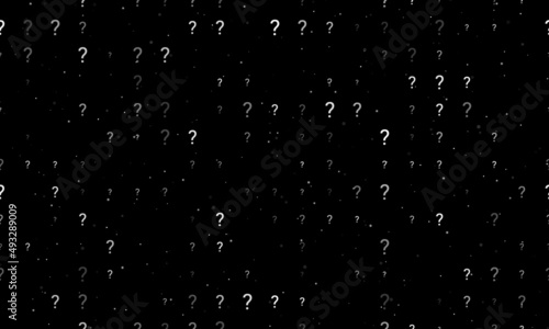 Seamless background pattern of evenly spaced white question symbols of different sizes and opacity. Vector illustration on black background with stars
