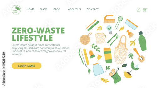 Zero waste theme web page design. Online eco store landing page template. Hand drawn flat style. Eco lifestyle concept.