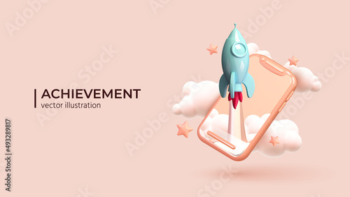 Rocket ship taking off from smartphone around the clouds and stars. Realistic 3d illustration with flying shuttle. Space travel. Spacecraft launch new project start up concept. Vector illustration