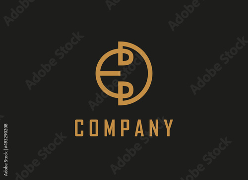 initial Letter E and D Linked Logo. Gold Shape ED DE Letter isolated on Black Background. Usable for Business and Branding Logos. Flat Vector Logo Design Template Element.
