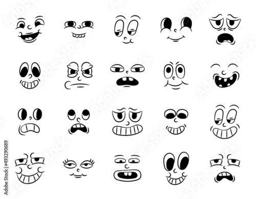 Collection of old retro traditional cartoon animation. Vintage faces of people with different emotions of the 20s 30s. Emoji character expressions 50s 60s. Head faces design elements in comic style