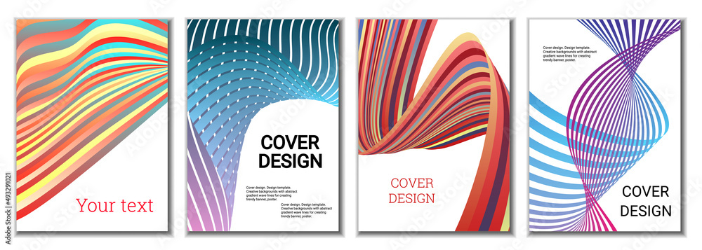 A set of 4 abstract covers. Wavy parallel gradient lines, ribbons evolve. Cover design, background. Trendy banner, poster. A set of 4 abstract covers. Wavy parallel gradient lines, ribbons evolve. Cover design, background. Trendy banner, poster.