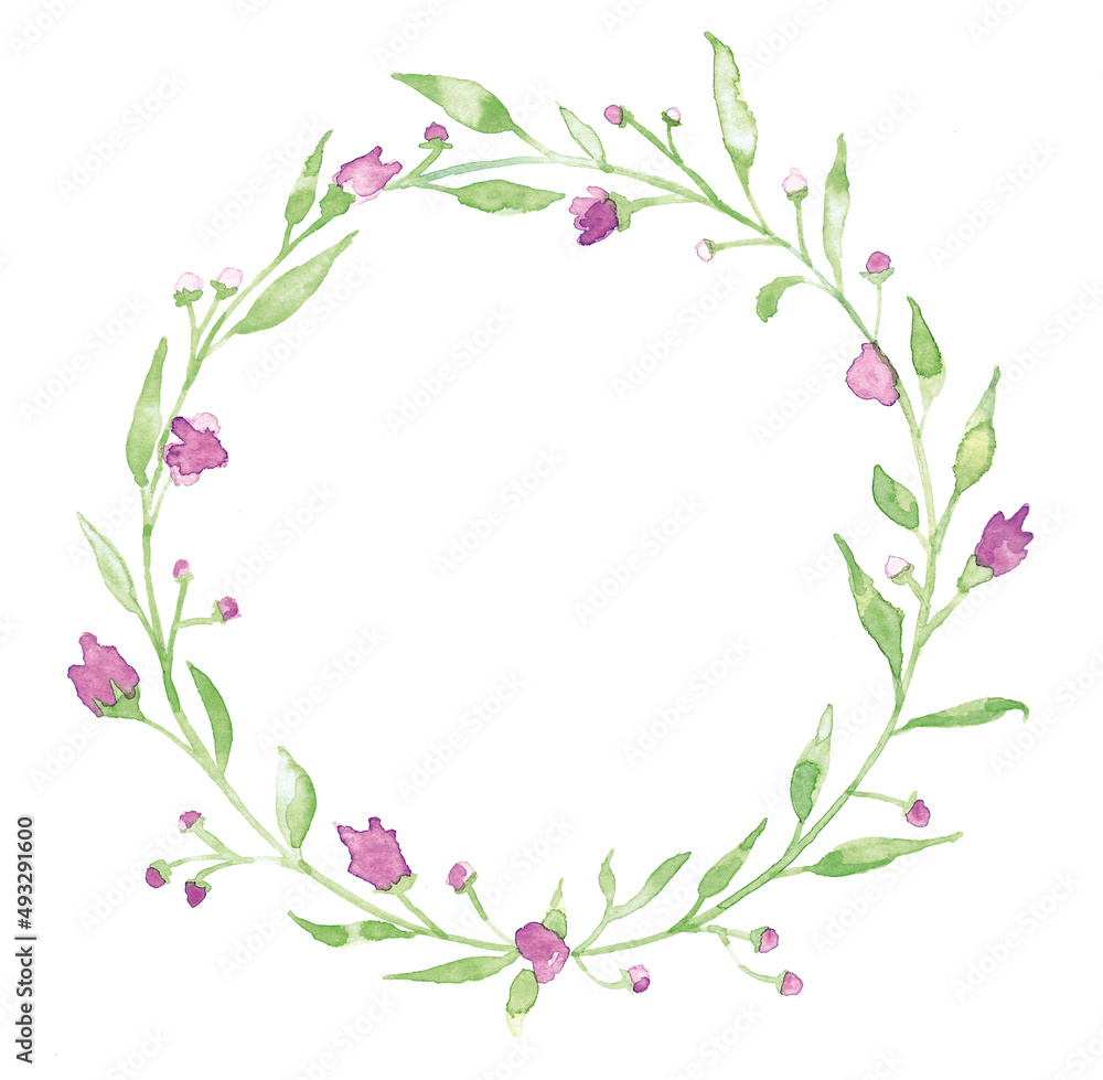 Floral Wreath in Watercolor with Lovely Leaves, Flowers and Berries	
