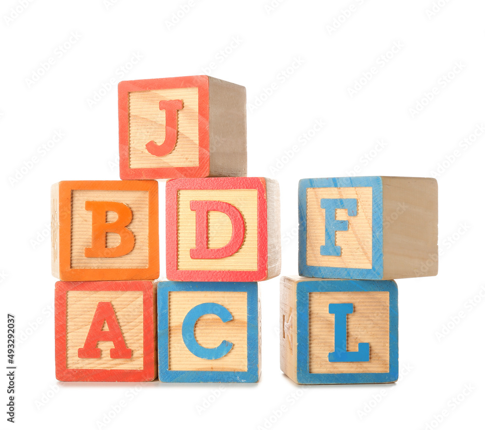 Wooden cubes with letters isolated on white Wooden cubes with letters isolated on white