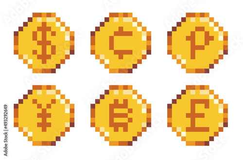 Different currency coins pixel art icon set. Bitcoin, euro, yen, dollar, pound logo collection. 8-bit sprite. Game development, mobile app.  Isolated vector illustration.