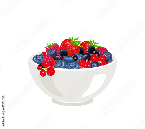 Wild berry in white bowl isolated. Vector raspberry, strawberry, blueberry, huckleberry and currant. Cartoon flat illustration.
