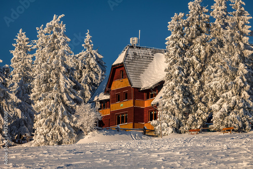 Fototapeta Naklejka Na Ścianę i Meble -  Shelter on Rysianka before sunrise. An atmospheric winter morning.