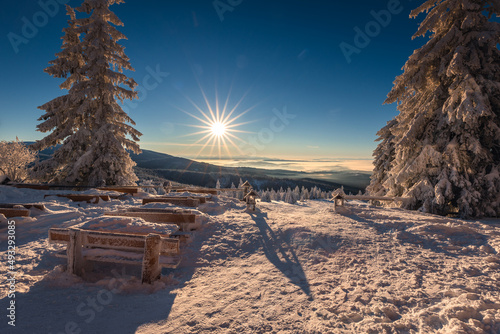 Fototapeta Naklejka Na Ścianę i Meble -  A frosty winter morning in Beskid Żywiecki. Views of the Tatra Mountains and Mala Fatra.
