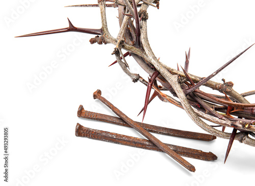 Crown of thorns with nails on white background, closeup