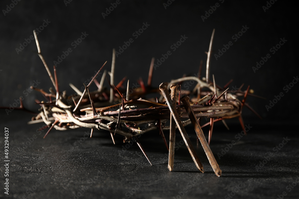 Fototapeta premium Crown of thorns with nails on dark background