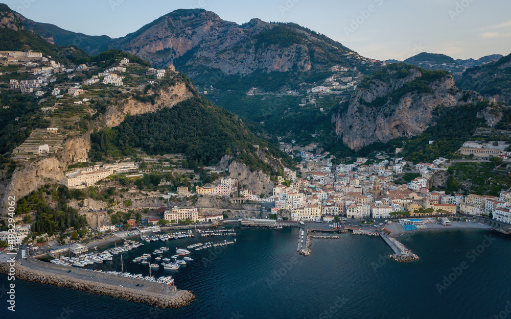 Small seaside town on a sunrise (aerial drone photo). Mediterranean, Amalfi, Italy