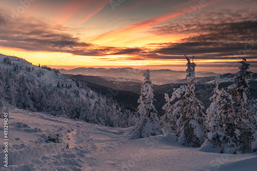 Fototapeta Naklejka Na Ścianę i Meble -  Winter sunset seen from Pilsko in Beskid Żywiecki. Beautiful views of the Tatras and the Mala Fatra massif, bathed in golden light.