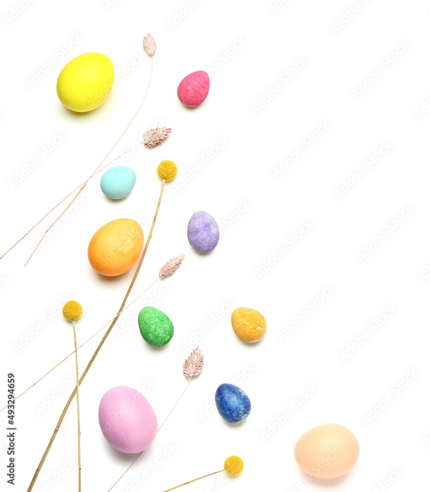 Stylish painted Easter eggs on white background Stylish painted Easter eggs on white background