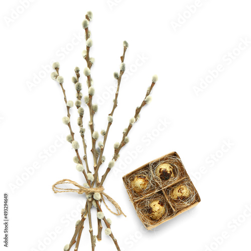 Wallpaper Mural Box with Easter quail eggs and willow branches on white background Torontodigital.ca