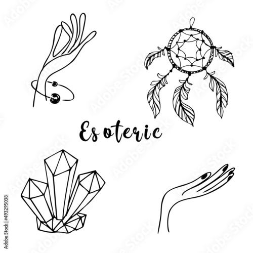 Esoteric symbols. A crystal with hands and a dream catcher. Cliparts vector