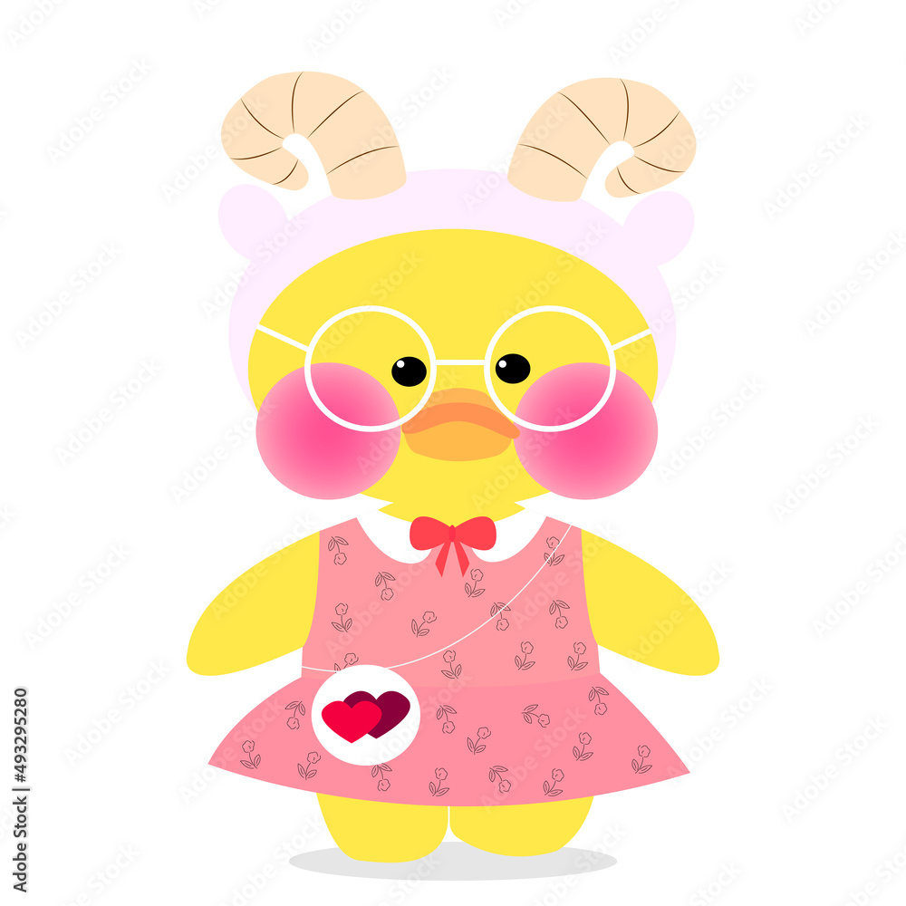 Popular soft toy LALAFANFAN duck with round glasses, pink dress and hat with sheep horns Popular soft toy LALAFANFAN duck with round glasses, pink dress and hat with sheep horns