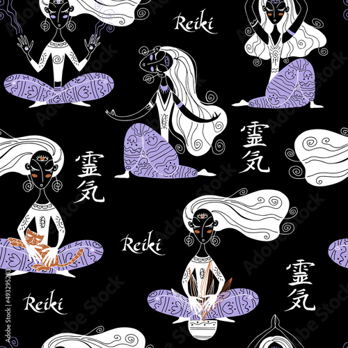 Seamless pattern. Reiki healing. Esoteric. Vector.