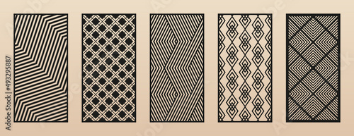 Set of laser cut patterns. Modern abstract geometric panels with diagonal lines, chevron, grid, diamonds, squares. Decorative stencil for laser cutting of wood, metal, paper, plastic. Aspect ratio 1:2