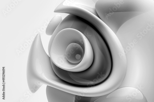 3d render of black and white monochrome abstract art piece of surreal sculpture in spherical organic curve round wavy smooth soft bio forms in glossy transparent plastic material on grey background