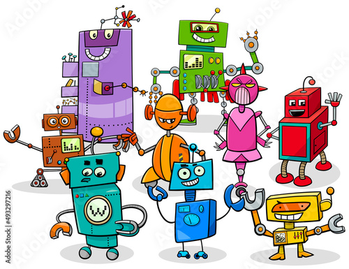 cartoon colorful robots and droids characters group