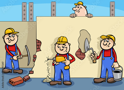 cartoon manual workers or builders characters at work
