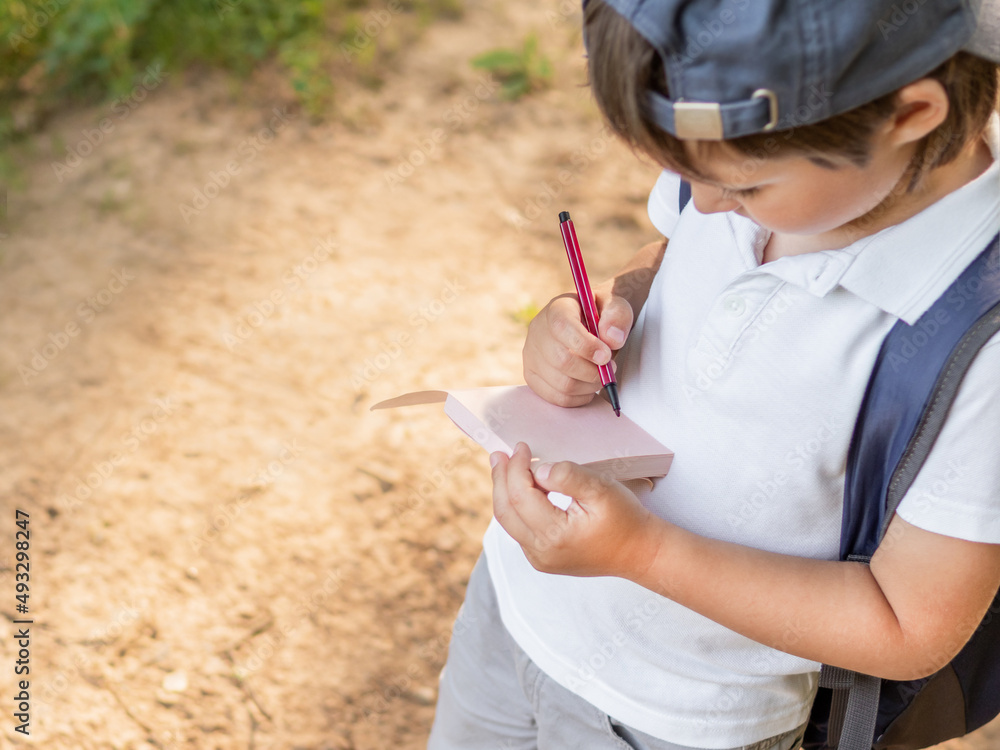 Mindful boy writes something in notebook while walking in forest. Exploring nature.  Summer outdoor recreation. Healthy lifestyle.