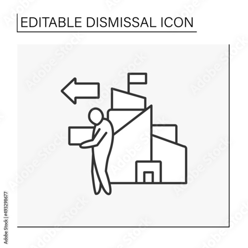 Job loss line icon. Dismissal from office. Job cuts. Unhappy worker with boxes goes home. Dismissal concept. Isolated vector illustration. Editable stroke