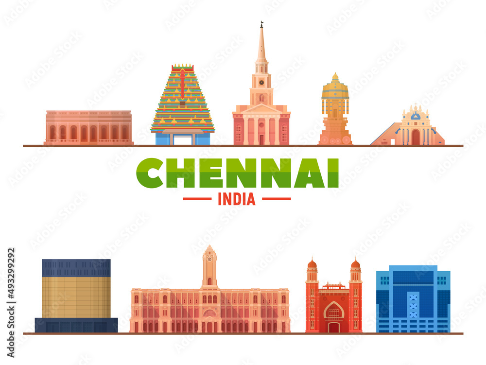 Chennai ( India ) city landmarks in white background. Vector Illustration. Business travel and tourism concept with modern buildings. Image for presentation, banner, placard and web site.