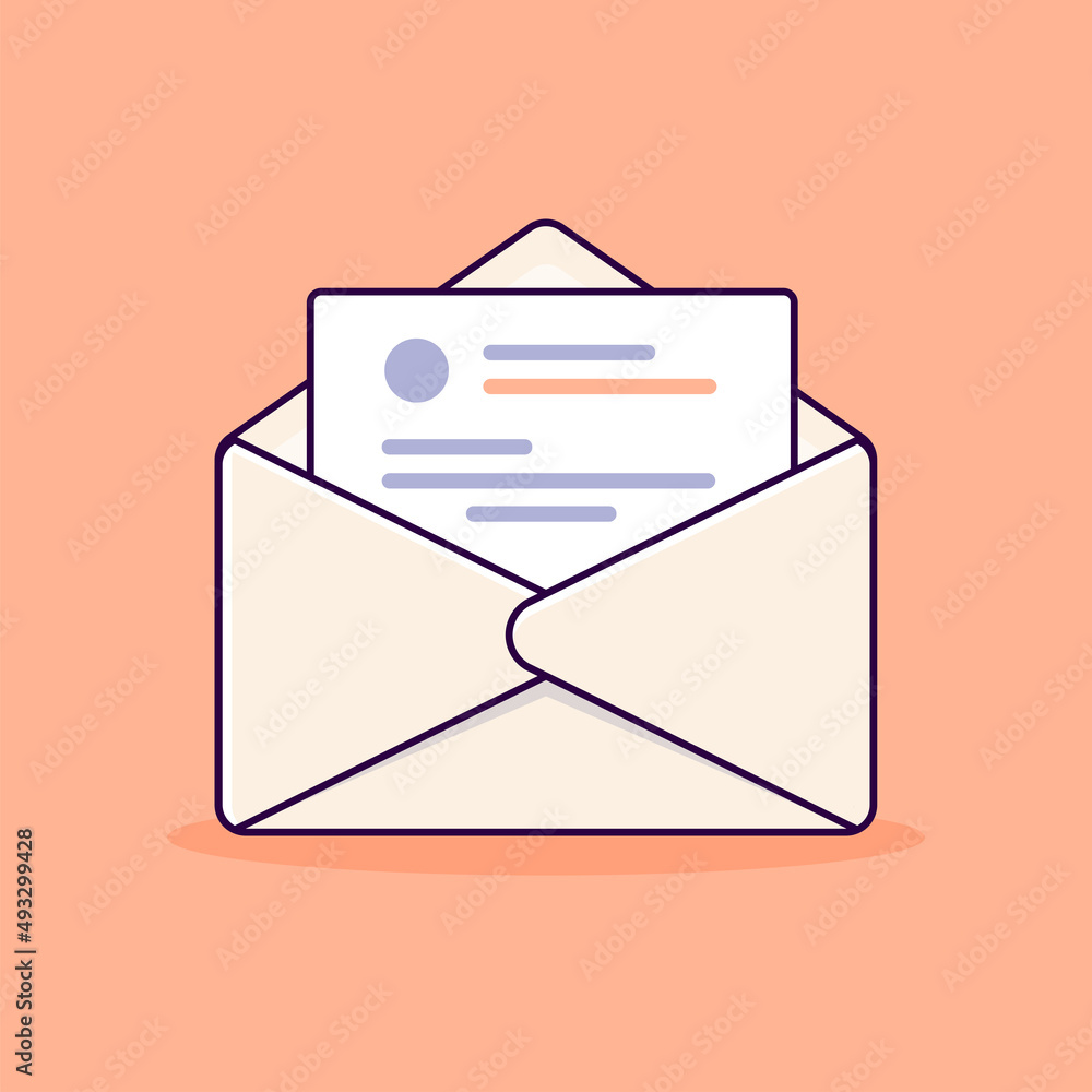 envelope with paper and text in cartoon style, flat icon envelope with paper and text in cartoon style, flat icon