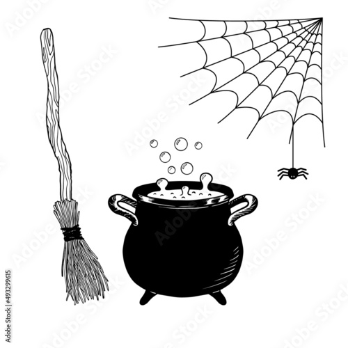 Witchcraft concept with cauldron, broom and spider web. Mystic halloween sketch. Isolated vector illustration