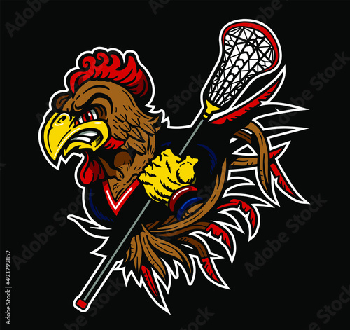 mean gamecock mascot holding a lacrosse stick for school, college or league