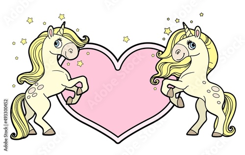 Two magical unicorns stand on their hind legs near the heart postcard color variation picture for coloring book