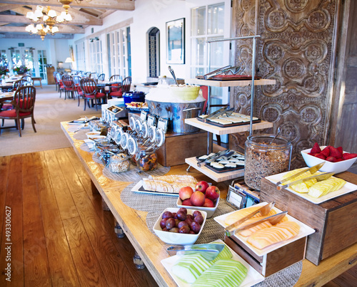 Breakfast buffet at restaurant at luxury resort photo