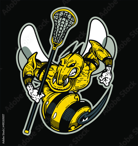angry hornet mascot holding lacrosse stick for school, college or league