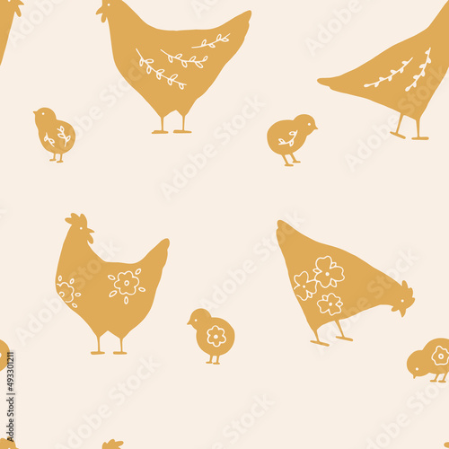 Hand drawn vector seamless pattern with Easter chickens and chicks with floral elements. Festive background with cute animals. Spring pastel texture with charming hens. Flat vector illustration