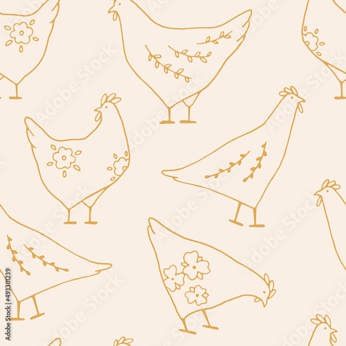 Easter seamless pattern with cute linear chickens with flowers and branches. Line art drawing. Hand drawn spring background with farm animals. Childish vector texture. Flat cartoon illustration