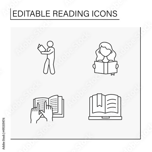 Reading line icons set. Process of acquiring skills and knowledge. Braille book. Reading concept. Isolated vector illustrations. Editable stroke