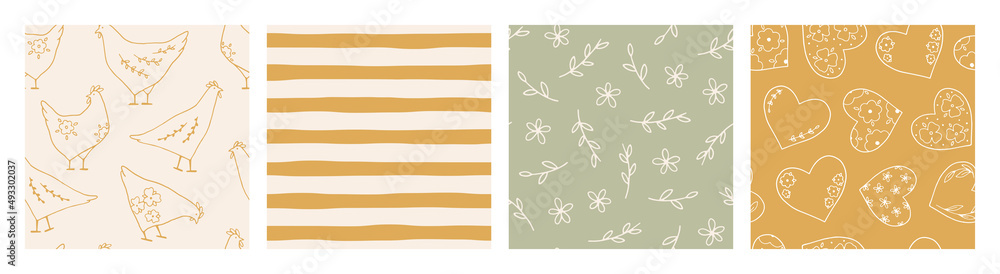 Set of Easter seamless patterns with traditional elements. Cute spring background with bunnies, eggs, chickens and floral elements. Trendy vector pattern for spring design and Easter holidays Set of Easter seamless patterns with traditional elements. Cute spring background with bunnies, eggs, chickens and floral elements. Trendy vector pattern for spring design and Easter holidays