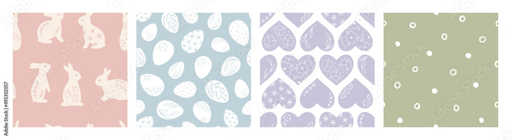 Hand drawn collection of Easter seamless patterns with chickens, bunnies and cute spring elements. Festive vector background for prints, textile and wrapping paper. Trendy spring illustration Hand drawn collection of Easter seamless patterns with chickens, bunnies and cute spring elements. Festive vector background for prints, textile and wrapping paper. Trendy spring illustration