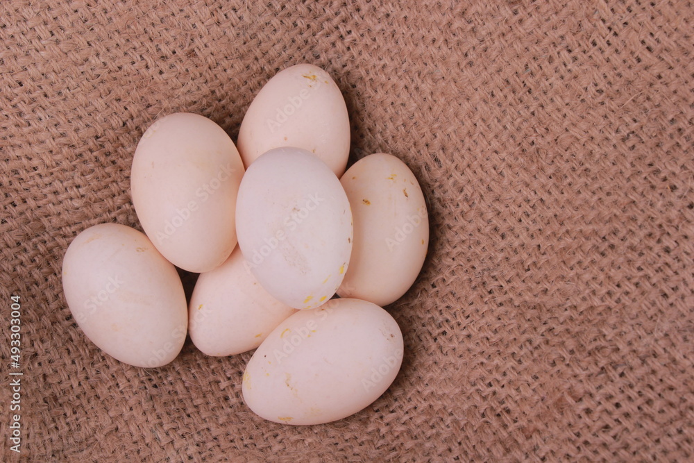 top view Fresh white shell chicken eggs on a burlap bed, with copy space. Selective focus image. top view Fresh white shell chicken eggs on a burlap bed, with copy space. Selective focus image.