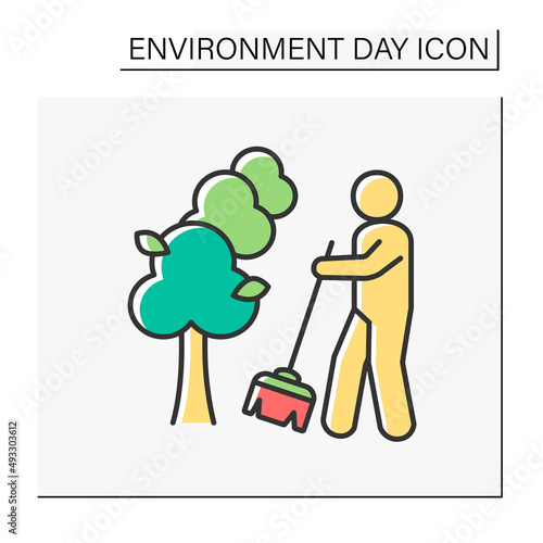 Nature color icon. Cleaning territory. Caring for the planet.Man with broom sweeps. Environment day concept. Isolated vector illustration