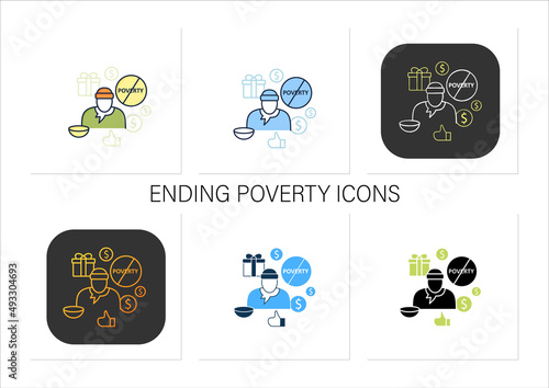 Ending poverty icons set. Rise in living standards. Improving living conditions. Universal basic income concept.Collection of icons in linear, filled, color styles.Isolated vector illustrations