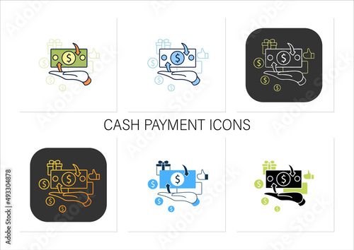 Cash payment icons set. Hand hold money. Cash deposits only.Universal basic income concept.Collection of icons in linear, filled, color styles.Isolated vector illustrations