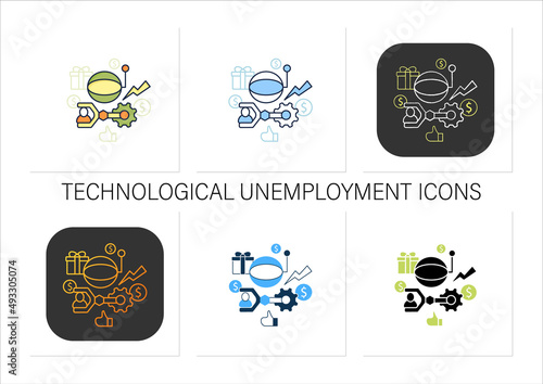 Technological unemployment icons set.Fighting against technologization and automation enterprises.Universal basic income.Collection of icons in linear,filled,color styles.Isolated vector illustrations